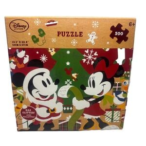 Disney Store Mickey Minnie Mouse Christmas Holiday 500 Piece Puzzle‎ Glitter New